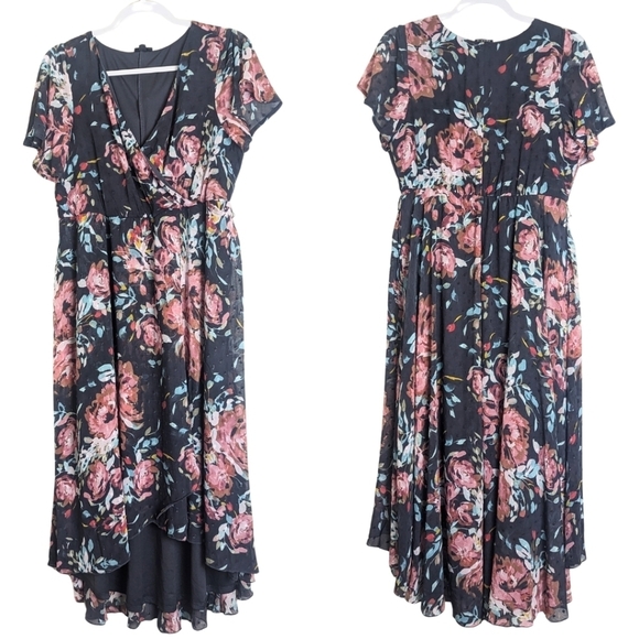 Dark Romantic Faux Wrap Dress High-Low Swiss Dot Floral Dark Grey Size M/L - Picture 1 of 11